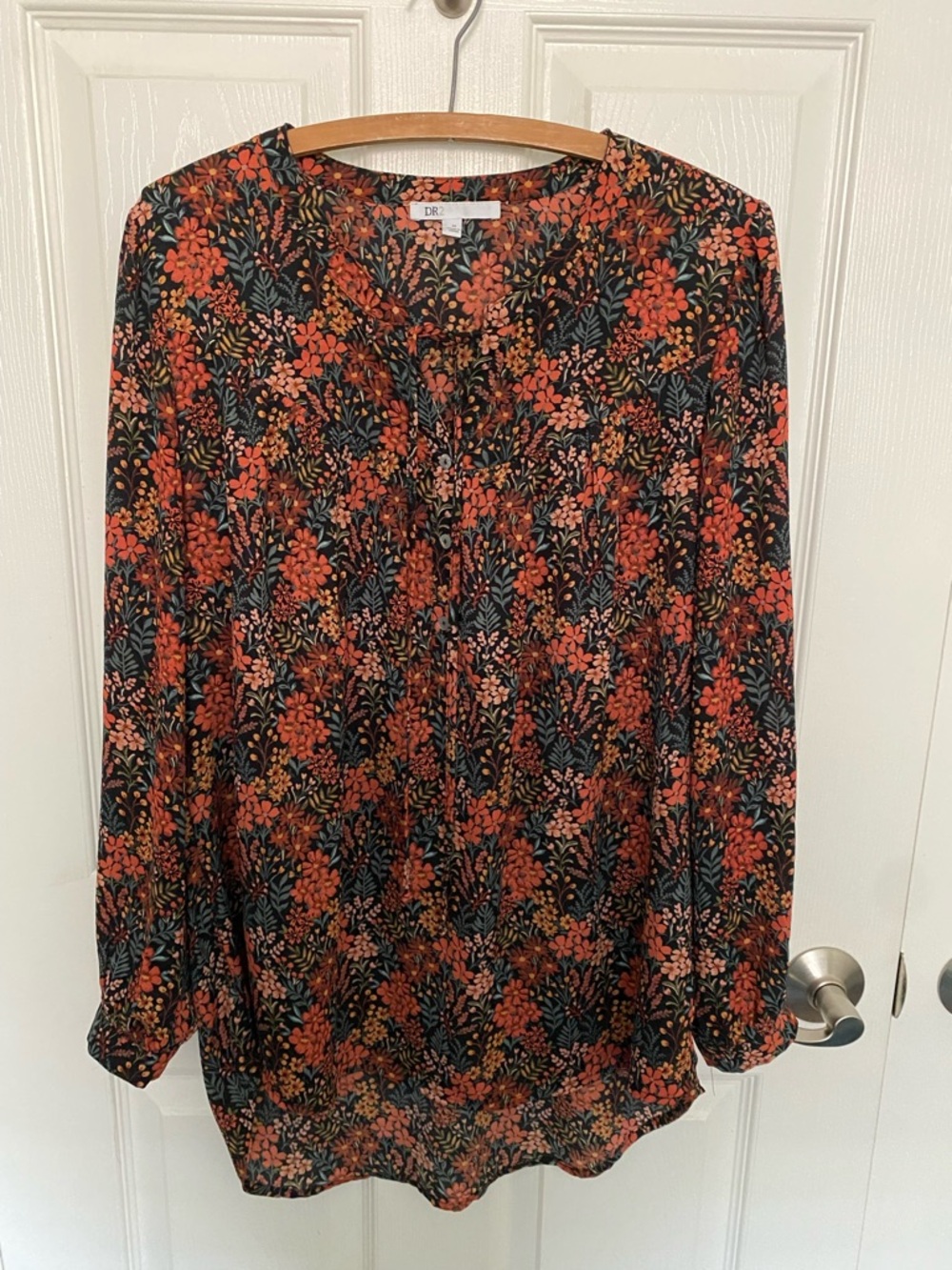 DR2 Floral Long-Sleeve Split-Neck Blouse - Rust Multi